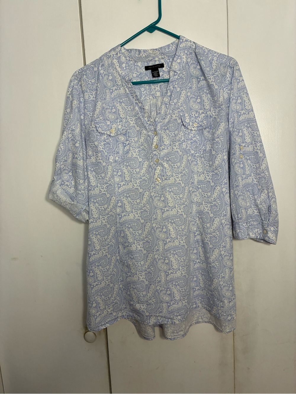 Tommy Hilfiger BlueGray Paisley Popover Shirt Women XL Boho Cottage Core Coastal